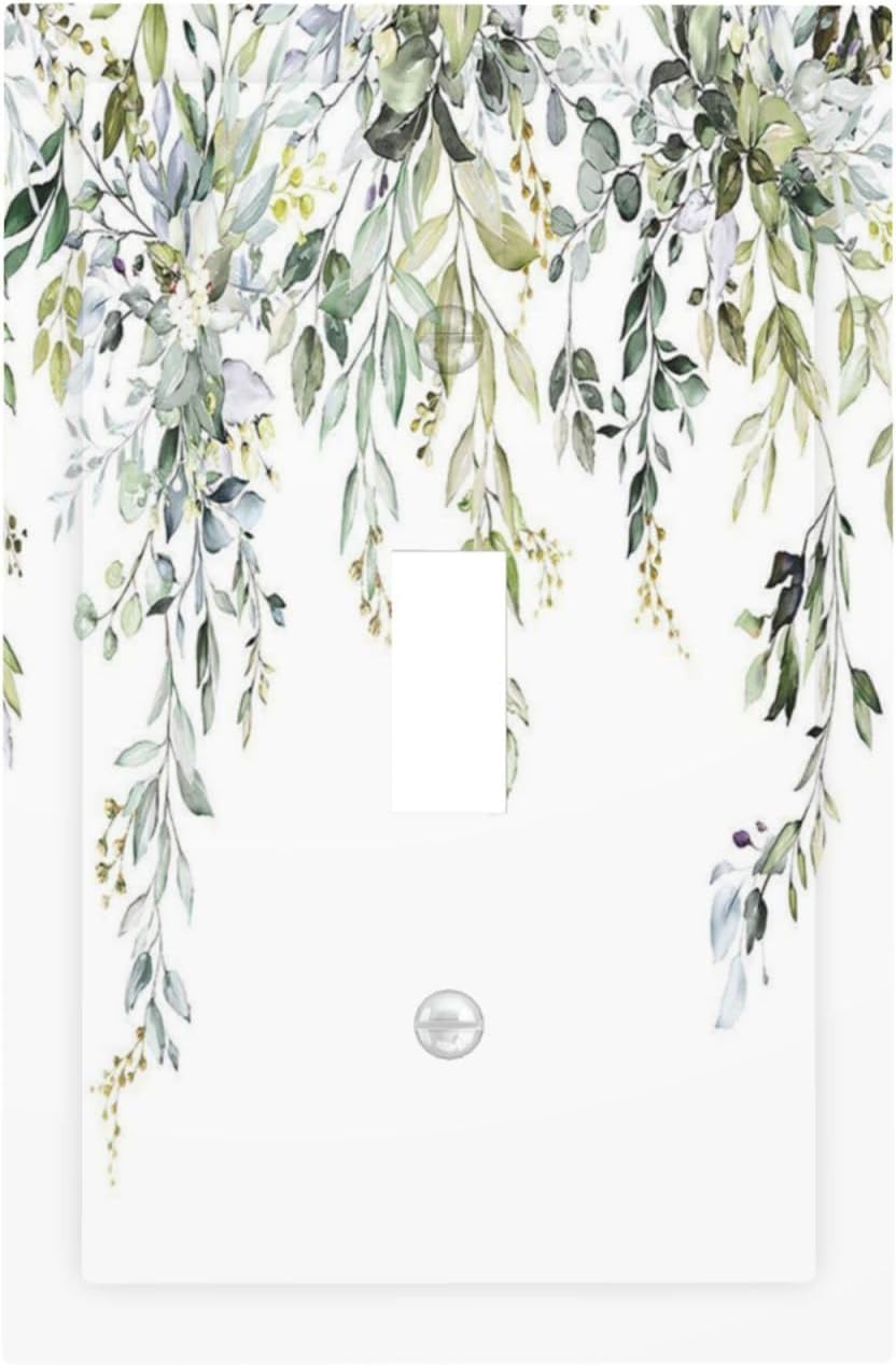 Decorative Light Switch Cover Boho Farmhouse Flower Leaf Sage Green 1 Gang Single Toggle Device