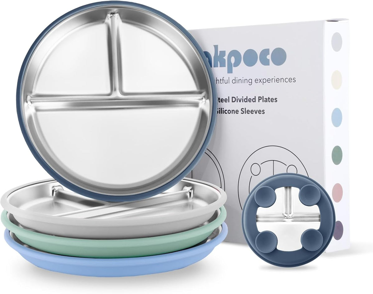 Stainless Steel Suction Plates for Toddlers, 9" Divided Kids Baby Plates with Removable Silicone