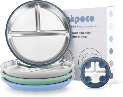 Stainless Steel Suction Plates for Toddlers, 9" Divided Kids Baby Plates with Removable Silicone
