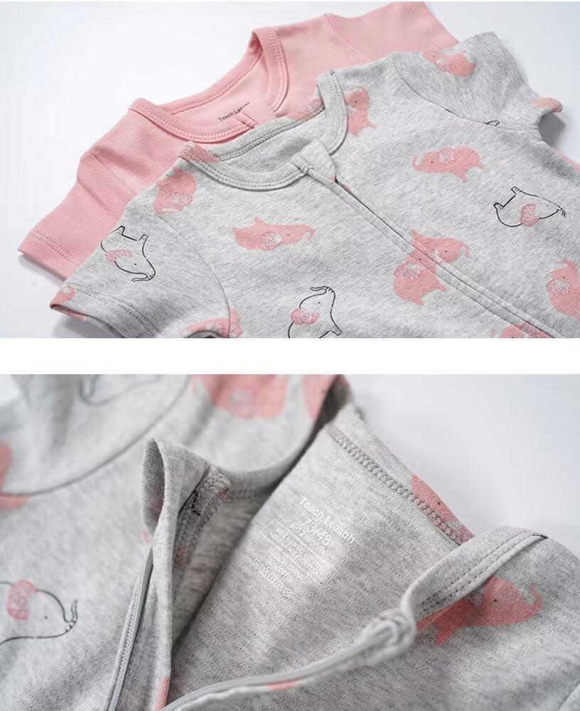 Teach Leanbh Unisex Baby 2 Pack Pajamas Cotton Short Sleeve 2 Way Zipper Printing Soild Romper