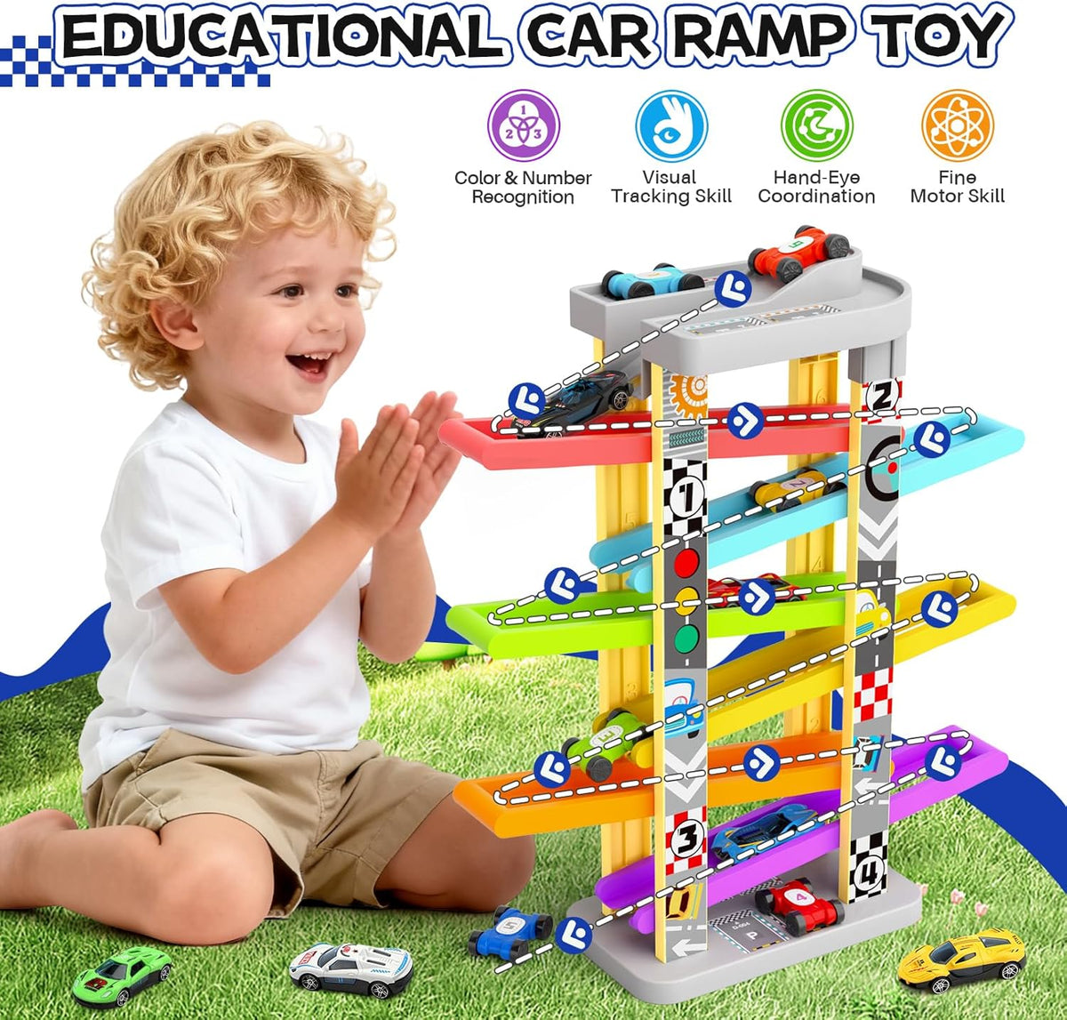 3-in-1 Toddler Car Ramp Toy – Racing, Spinning & Learning Play (Ages 2–4)