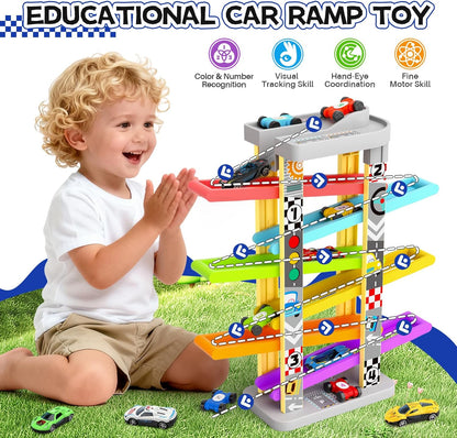 3-in-1 Toddler Car Ramp Toy – Racing, Spinning & Learning Play (Ages 2–4)