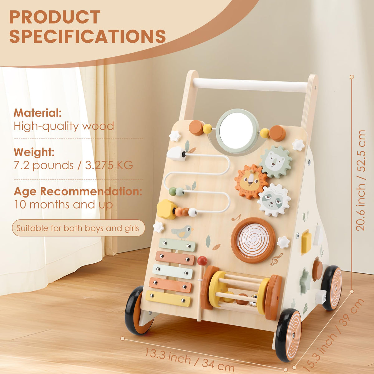 Pithfor Wooden Baby Walker, Baby Push Walker with Activity Center for Girls Boys, Montessori Push
