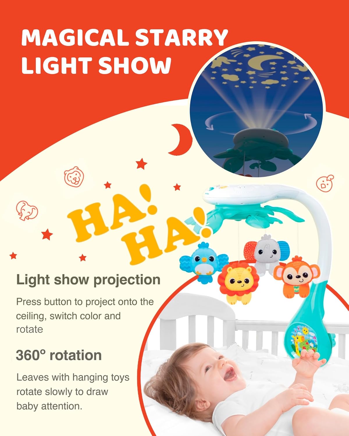 KiddoLab Baby Crib Mobile with Relaxing Music. Includes Ceiling Light Projector with Stars