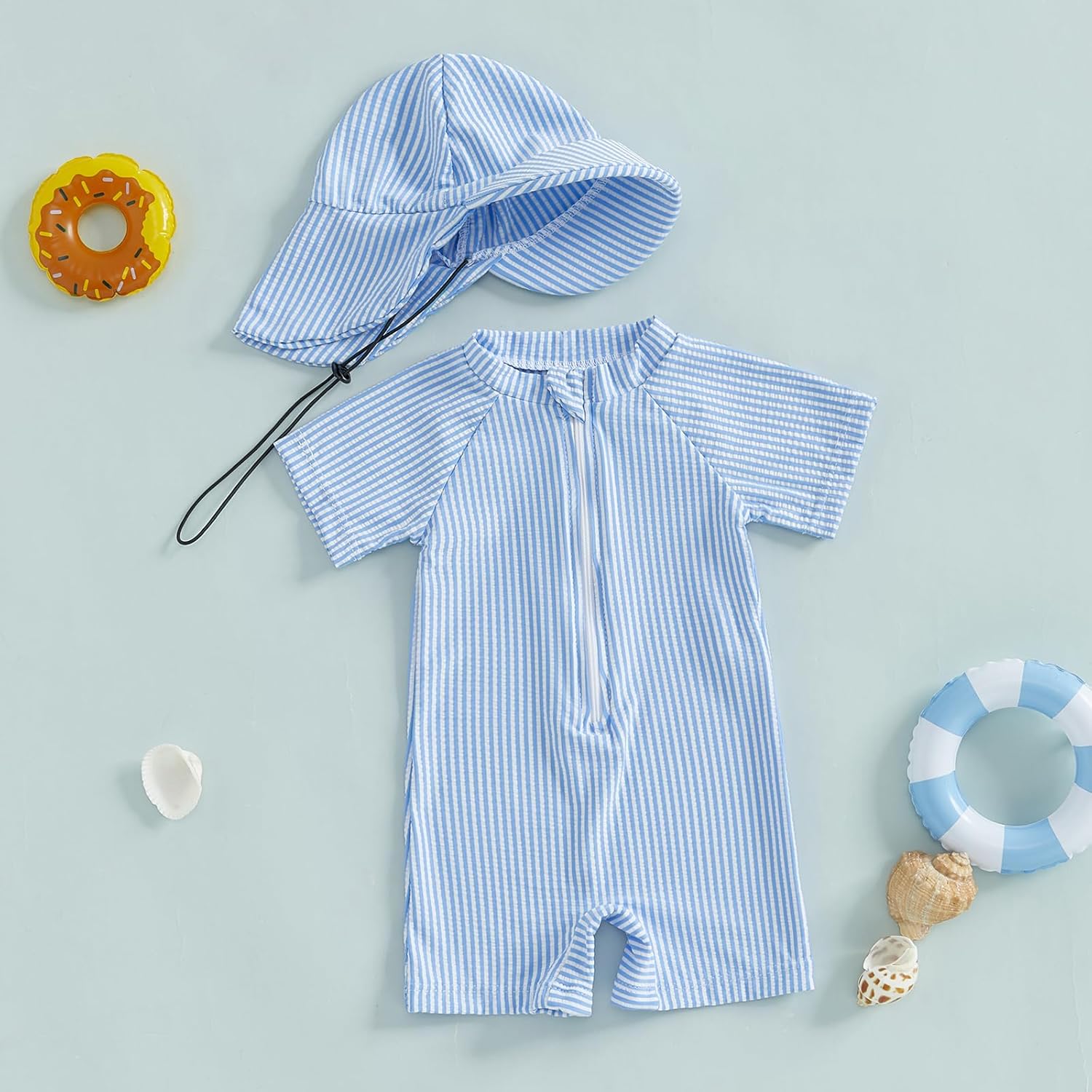 Toddler Baby Boys Seersucker Short Sleeve One Piece Rash Guard Swimsuit Zipper Bathing Suit