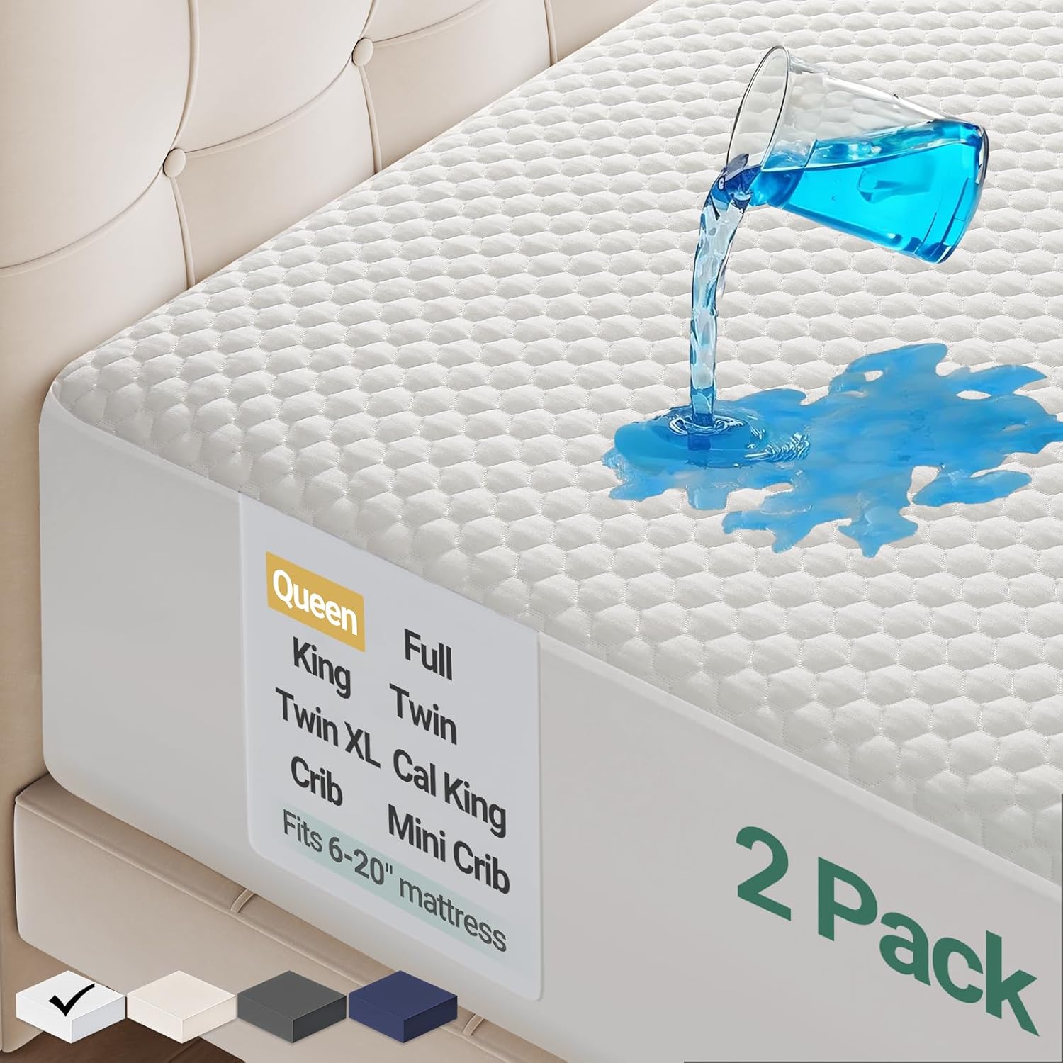 Ohgeni 100% Waterproof Mattress Protector, Queen Size-2 Pack, Fitted Sheet with Stretchable