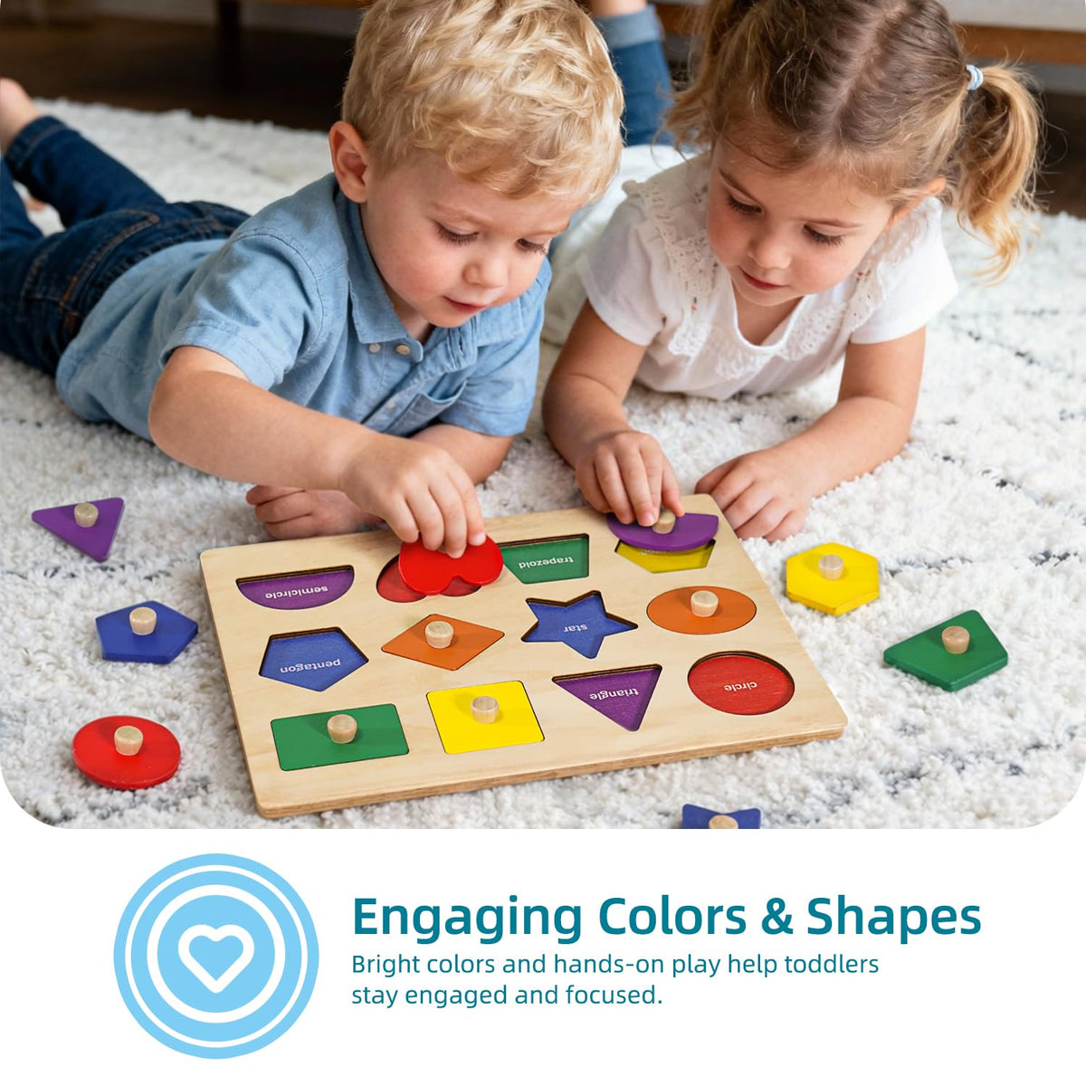 Wooden Shape Peg Puzzle Board, Educational Geometric Learning Board with Knobs, Multicolor Basic