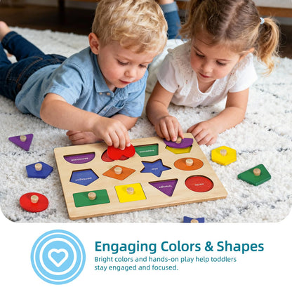 Wooden Shape Peg Puzzle Board, Educational Geometric Learning Board with Knobs, Multicolor Basic