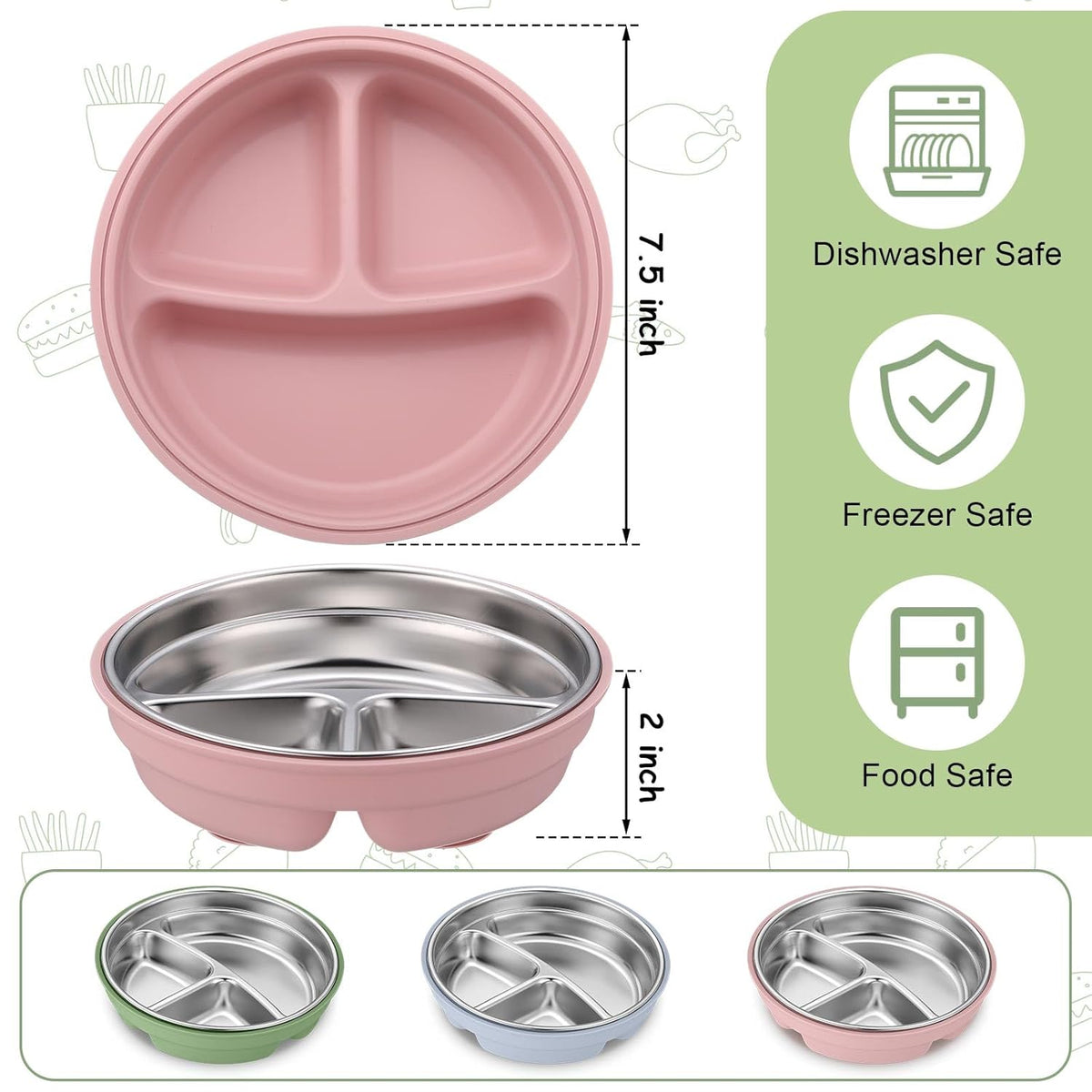 Nuogo 3 Pcs Stainless Steel Baby Suction Plates with Removable Silicone Shell 2-in-1 Metal Toddler
