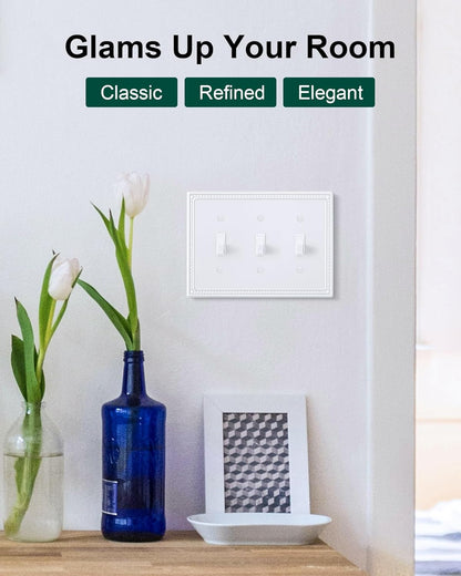 2-Pack Triple Toggle Light Switch Cover Plate, Pearls Decorative Switch Plate Covers, Pure White 3
