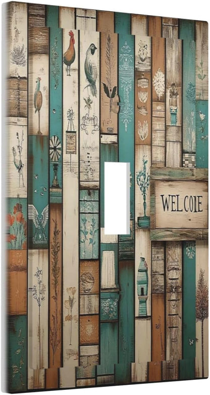 Decorative Light Switch Cover Vintage Wood Brown Turquoise Splicing 1 Gang Single Toggle Device