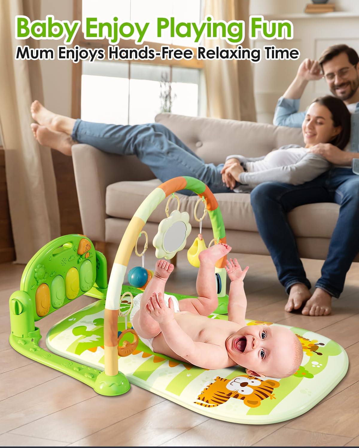 Dearlomum Baby Play Mat & Gym, Funny Piano Tummy Time Activity Mat with 5 Sensory Toys, Music &