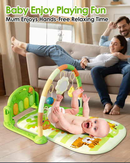 Dearlomum Baby Play Mat & Gym, Funny Piano Tummy Time Activity Mat with 5 Sensory Toys, Music &
