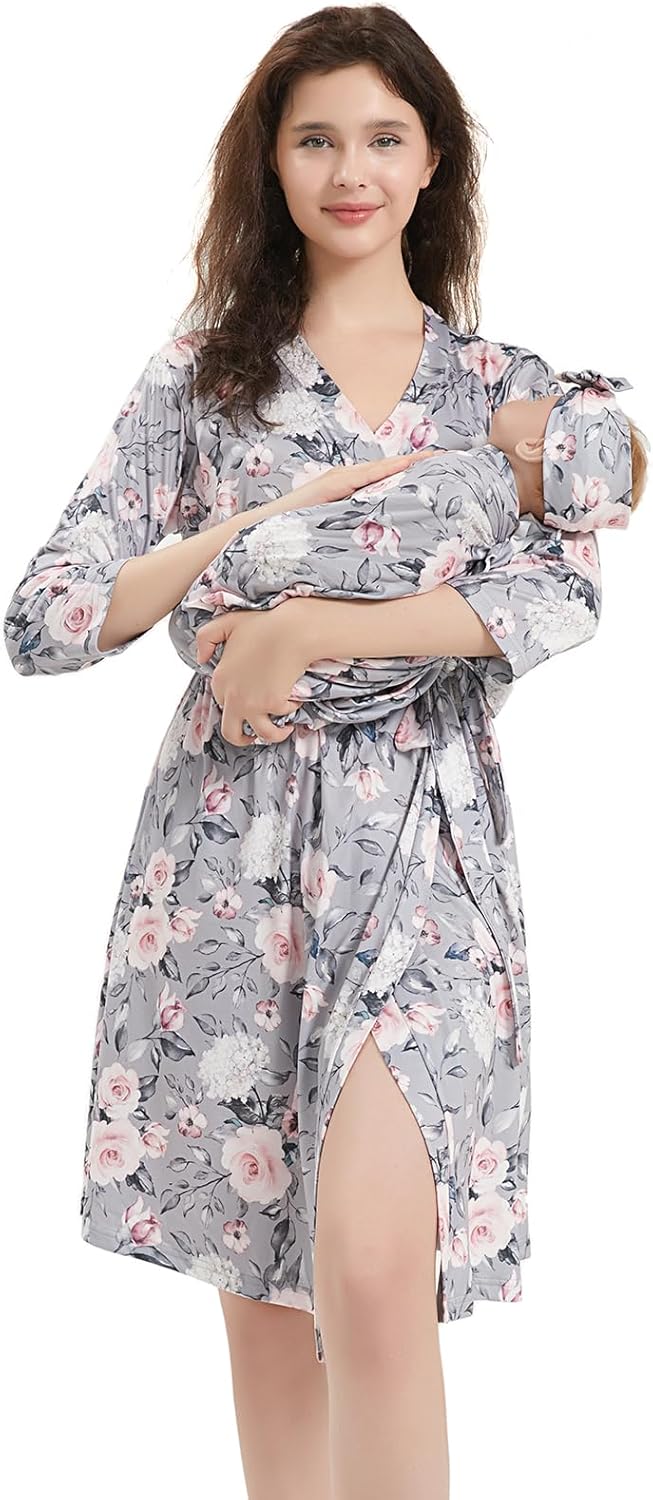 Galabloomer Maternity Robe and Baby Receiving Blanket, Matching Mommy Labor Delivery Robe and