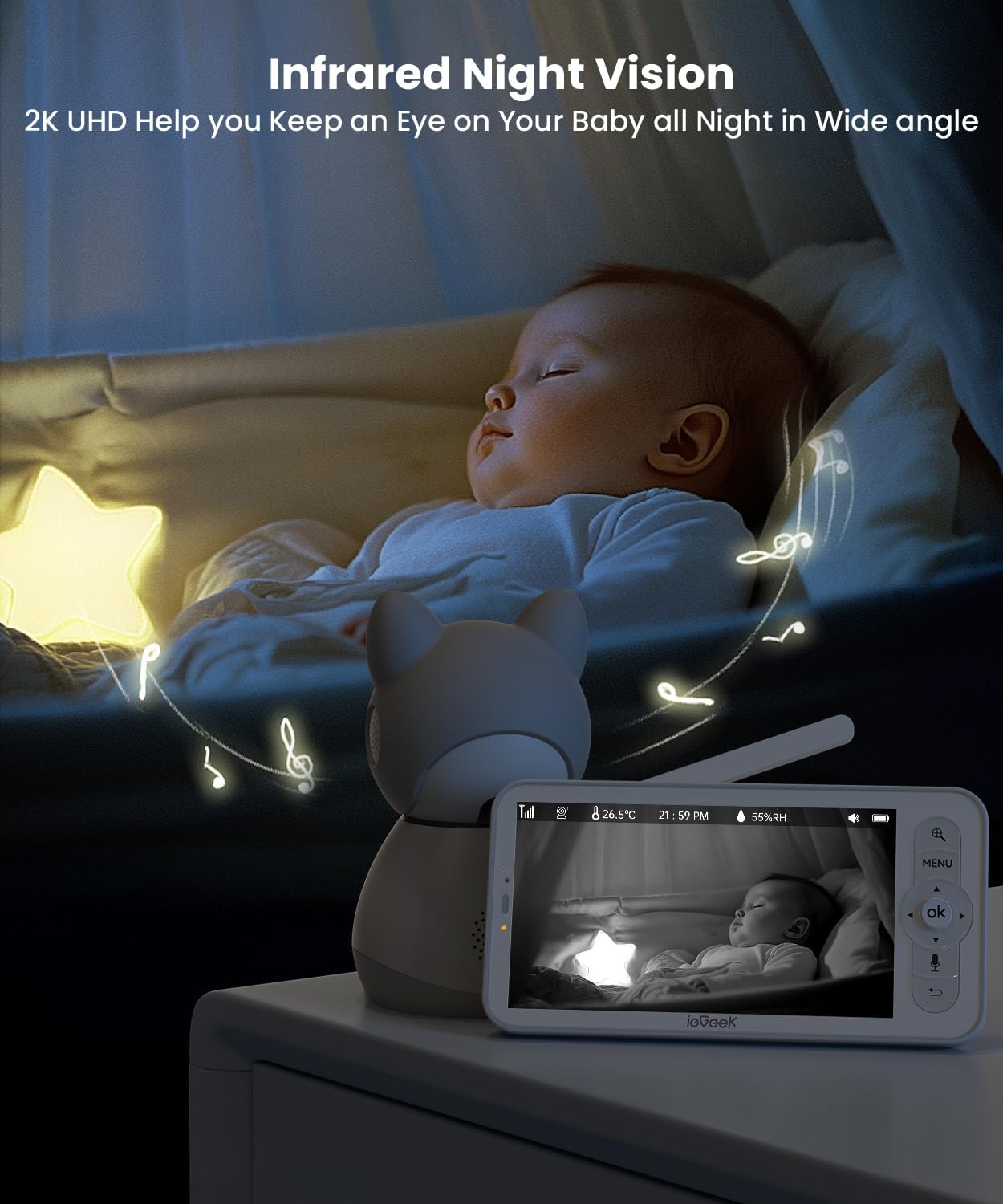 ieGeek Baby Monitor with 2 Cameras, 5" Large Screen Split-Screen Video Baby Monitor | 2K HD