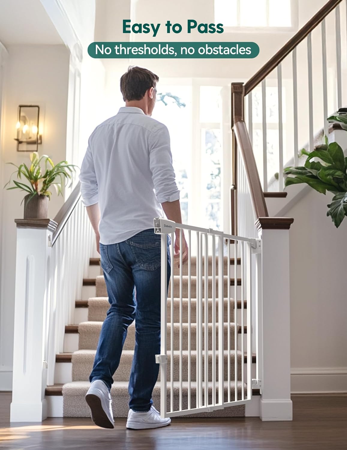 Babelio 34" Tall No Bottom Bar Baby/Dog Gate for Stairs, House and Doorways, 29.7-46.5" Auto Close