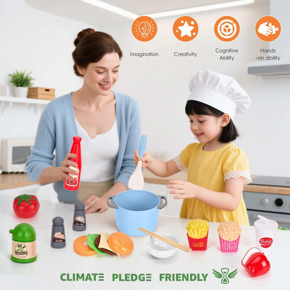 130Pcs Kitchen Playset, Toddler Pretend Cooking Play Pots, Pans, Utensils Cookware, Daily Food
