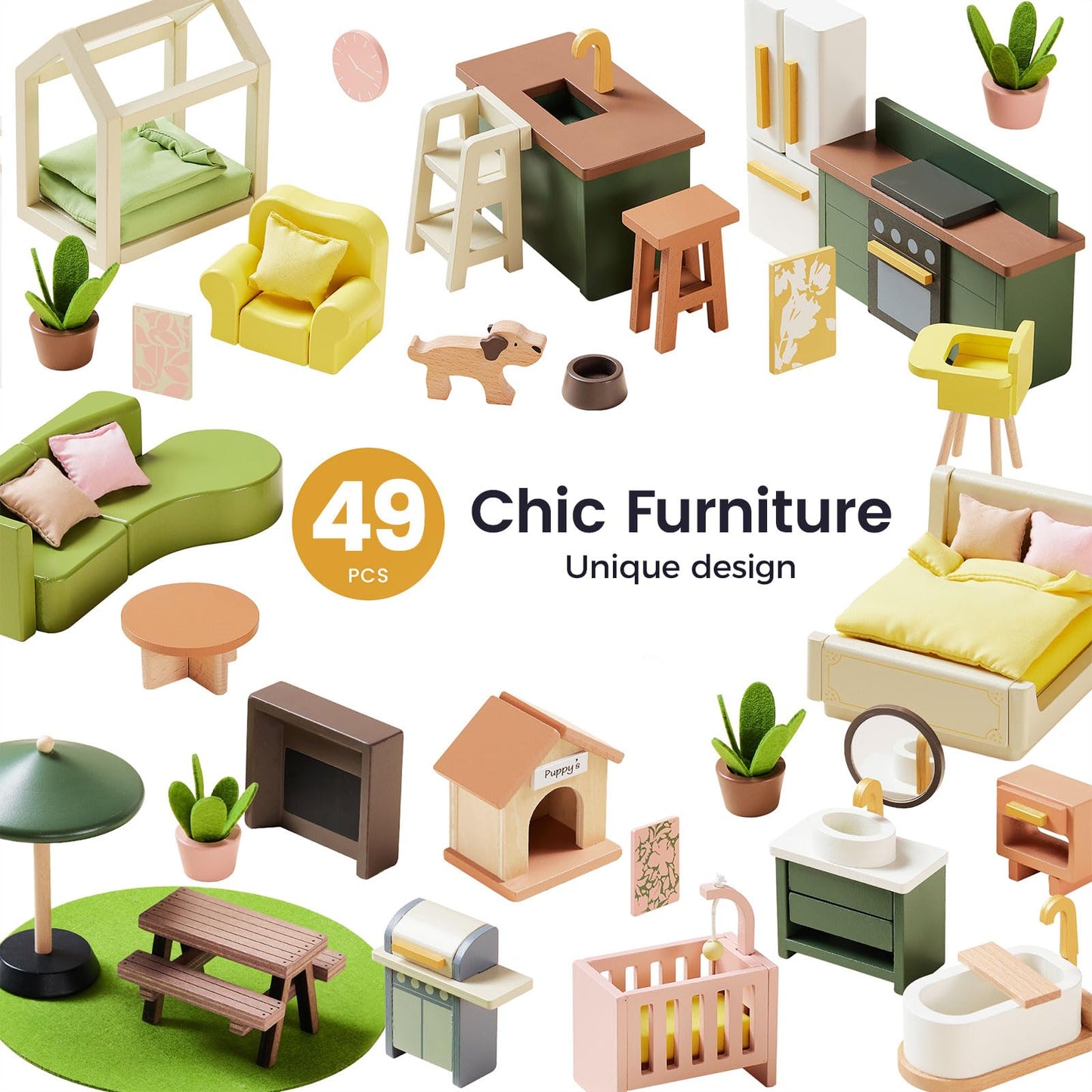 Tiny Land Wooden Doll House, Modern Family Dollhouse with Realistic Design
