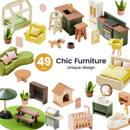 Tiny Land Wooden Doll House, Modern Family Dollhouse with Realistic Design