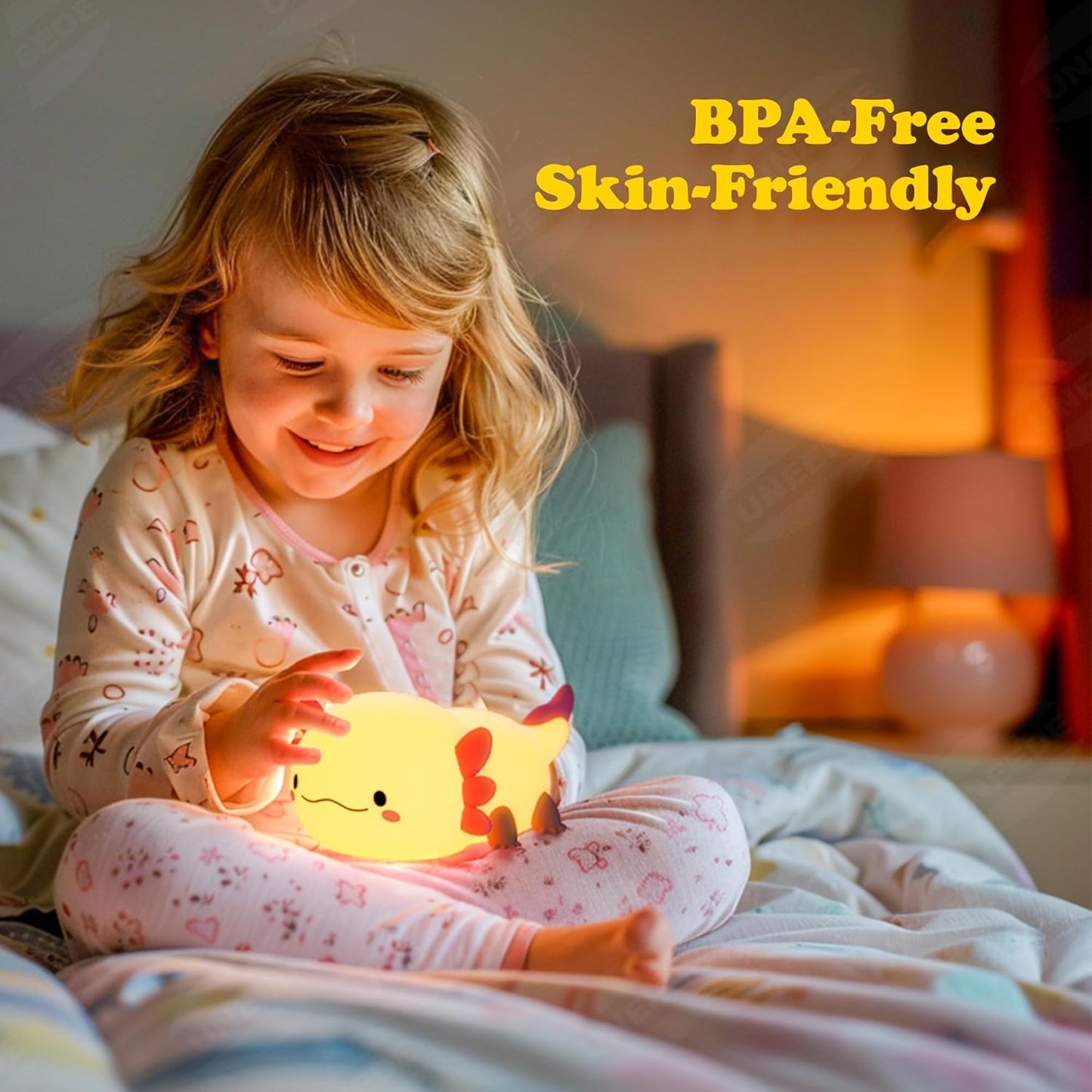 UNEEDE Axolotl Night Light for Kids,Animal Silicone Nursery Night Lamp, Rechargeable Table Lamp
