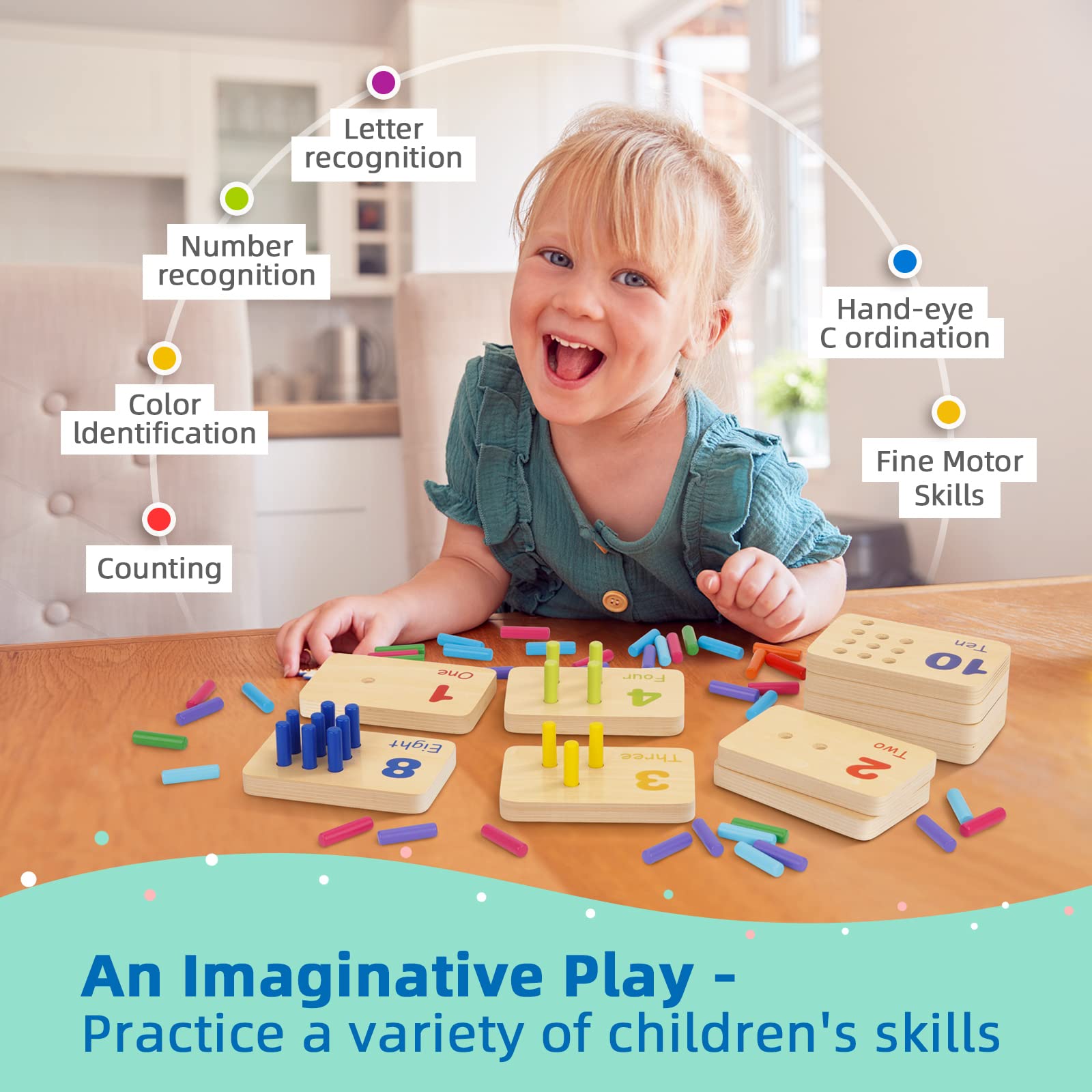 TOOKYLAND Peg Board Toddler Toys, Counting Wooden Toys with 55 Pegs