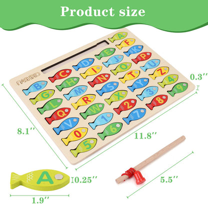 Magnetic Wooden Fishing Game Toy for Preschoolers, Alphabet Fish Catching Counting Games Puzzle