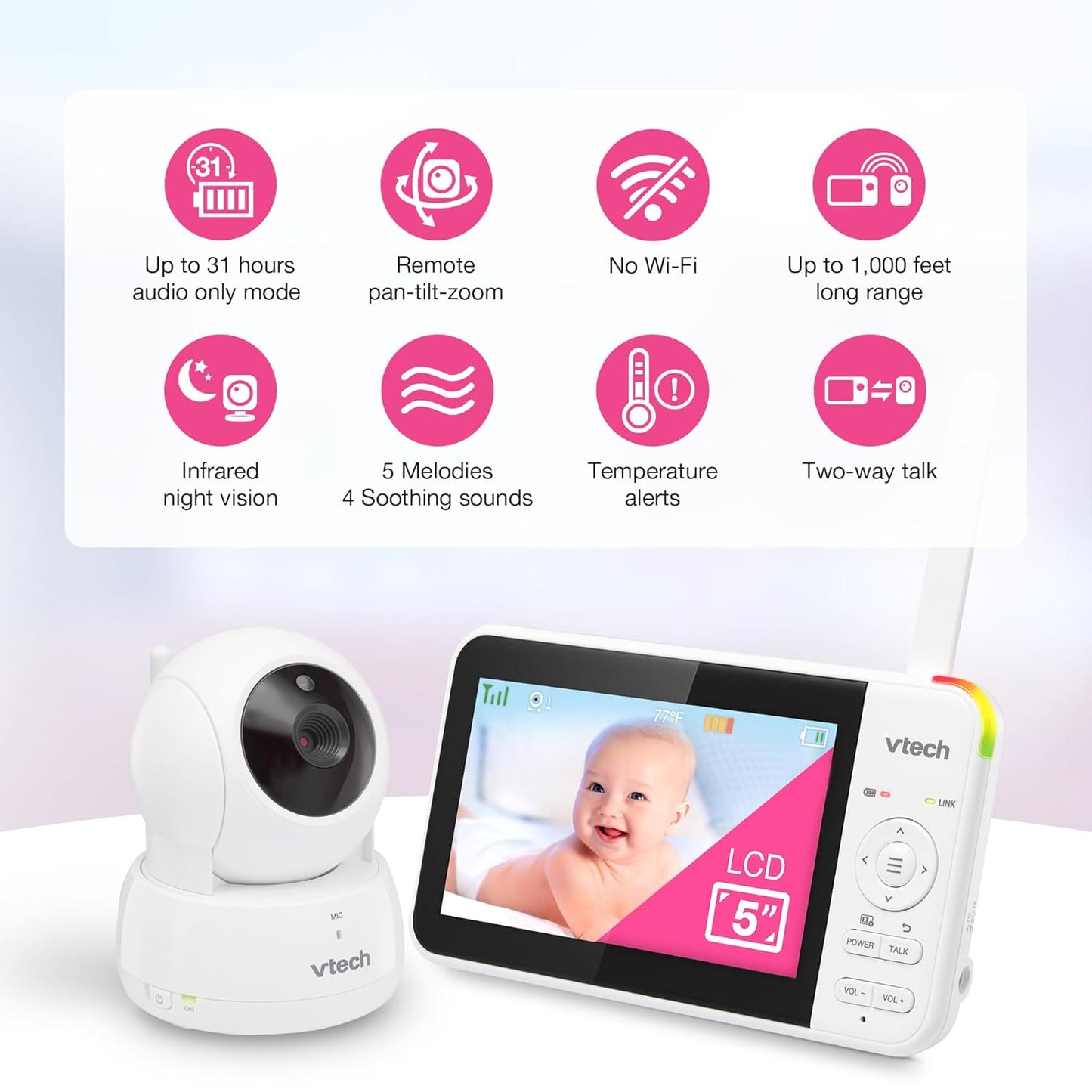 VTech VM924 Remote Pan-Tilt-Zoom Video Baby Monitor, 5" LCD Screen, Up to 17 Hrs Video Streaming