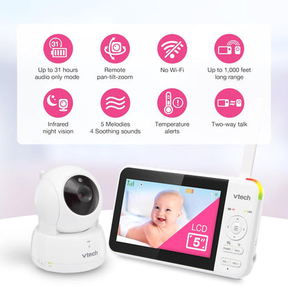 VTech VM924 Remote Pan-Tilt-Zoom Video Baby Monitor, 5" LCD Screen, Up to 17 Hrs Video Streaming