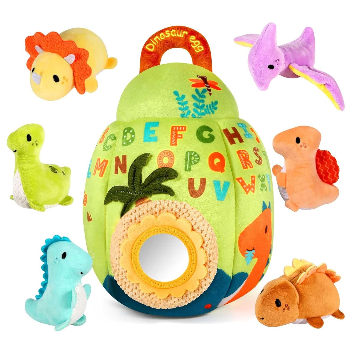 Baby Toys 6-12 Months - Soft Dinosaur Egg Toy with Rattle, Crinkle Paper, Squeaker, Mirror - Baby