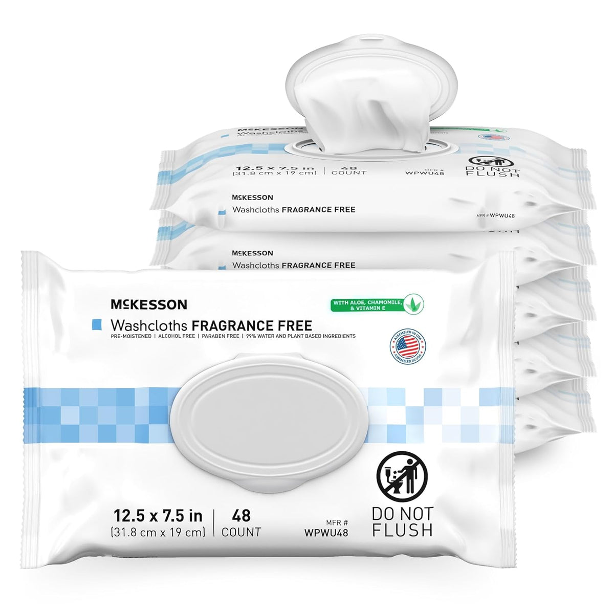 McKesson Washcloth Wipes for Adults, Unscented (6 Pack, 288 Washcloths) Disposable Wash Cloths for