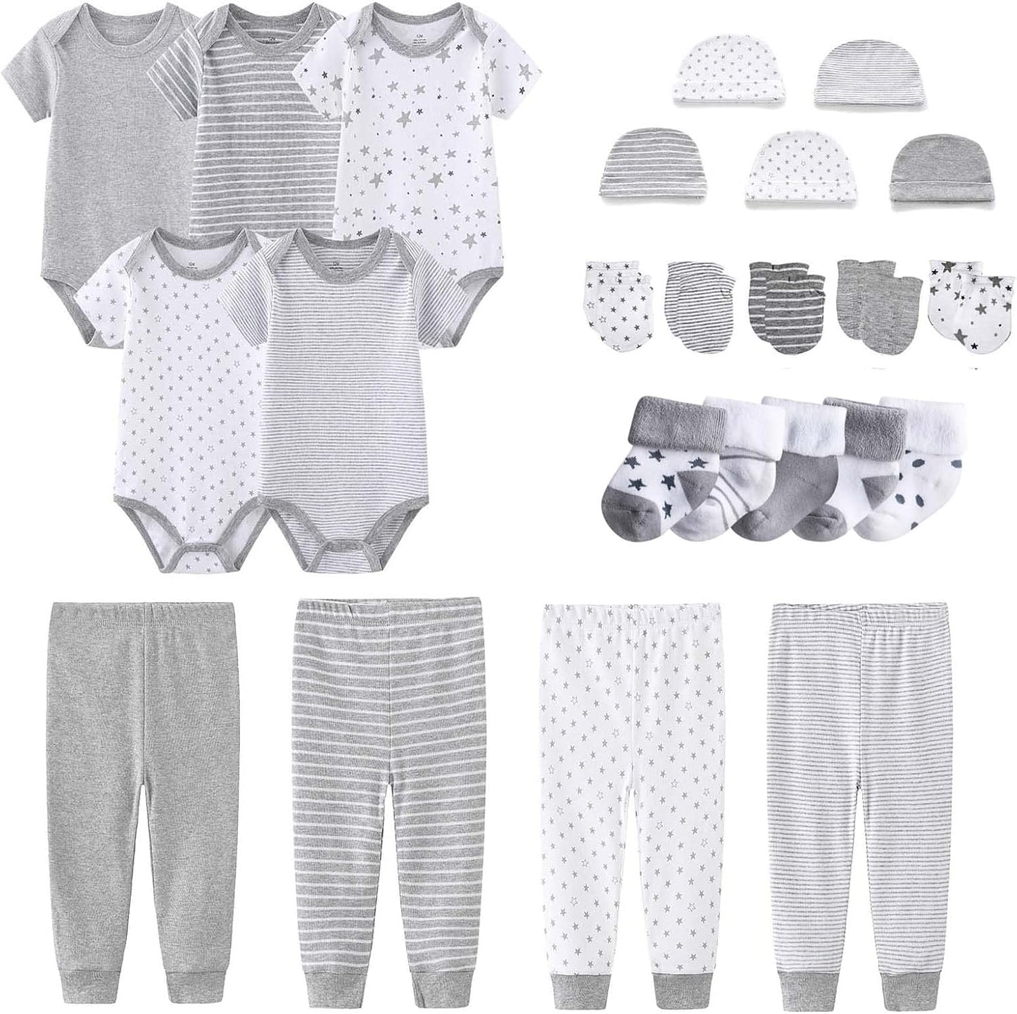 Newborn Layette Gift Set Bodysuits Pants for Baby Girl and Boy 24 Piece 100% Cotton Essentials and