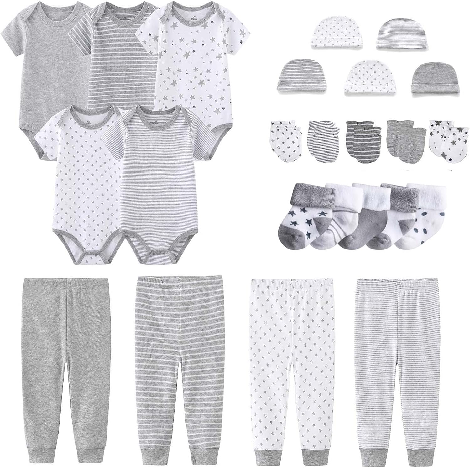 Newborn Layette Gift Set Bodysuits Pants for Baby Girl and Boy 24 Piece 100% Cotton Essentials and