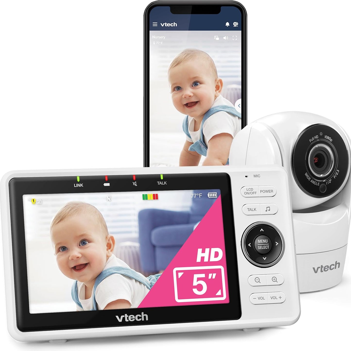 VTech Upgraded Smart WiFi Baby Monitor, 1080p FHD Camera and 5" HD IPS Display, Free App with