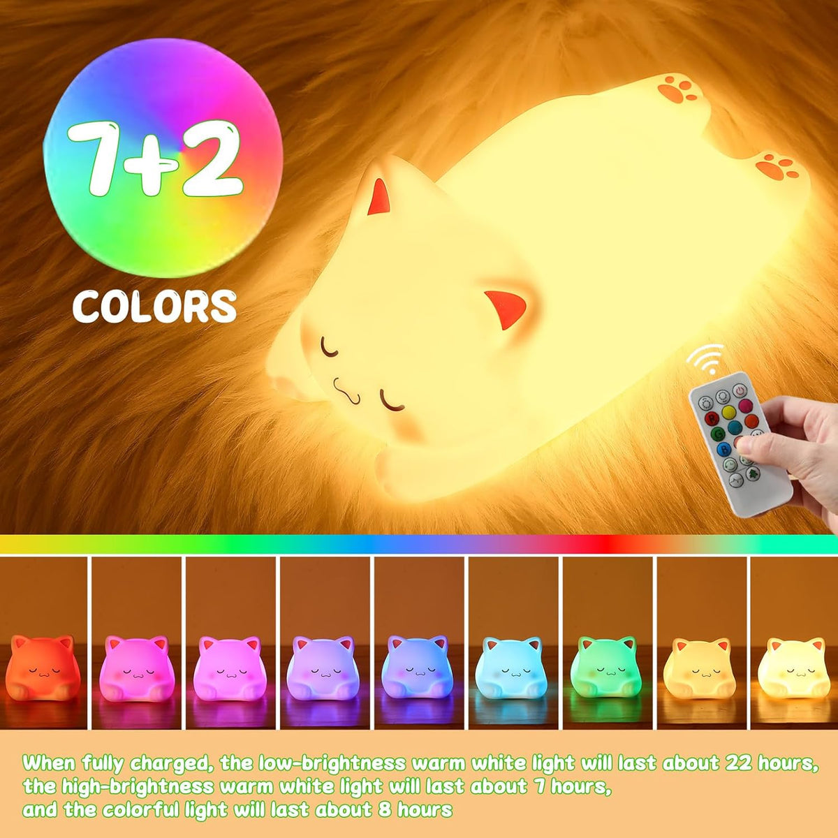 LOVERUIS Cute Night Light for Kids Cat Night-Light Baby Girl Squishy NightLight 1/3 Hour Timer