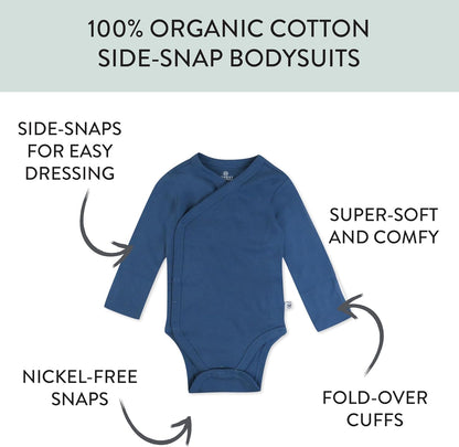 HonestBaby unisex-baby 3-pack Long Sleeve Side-snap Kimono Bodysuits Organic Cotton for Infant Baby
