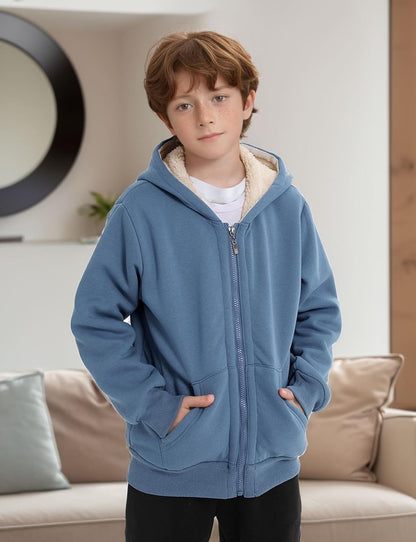 Gihuo Unisex Boy's Girls Winter Warm Sherpa Lined Zip Up Sweatshirt Fleece Jacket Kid's Hoodie