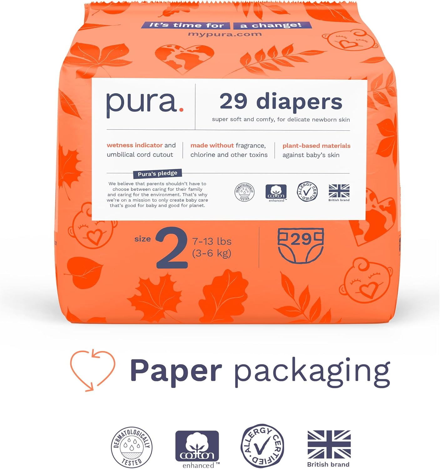 Pura Hypoallergenic Diapers, Size 2 (7-13 lbs) Totally Chlorine Free, Wetness Indicator, Suitable