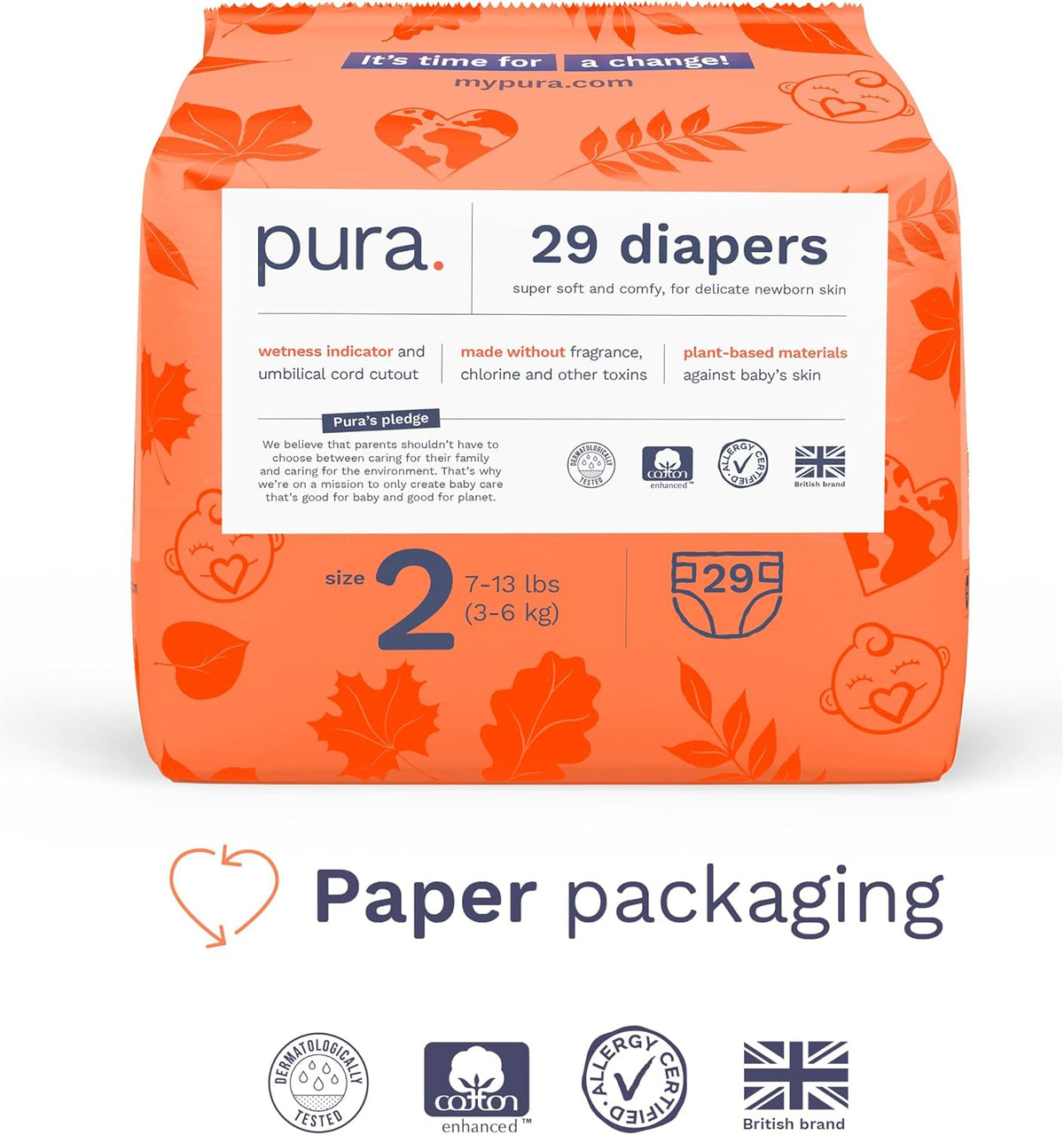 Pura Hypoallergenic Diapers, Size 2 (7-13 lbs) Totally Chlorine Free, Wetness Indicator, Suitable