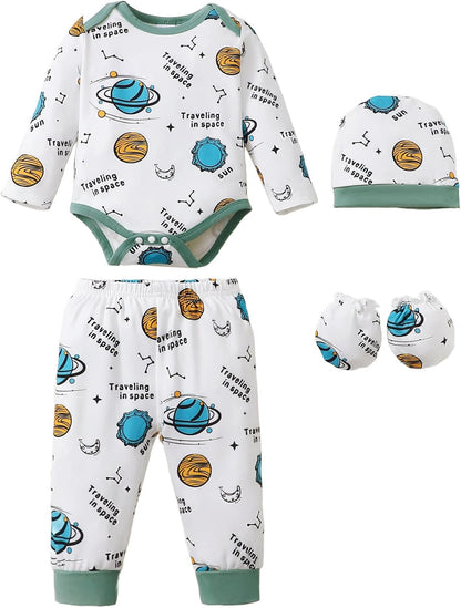 NZRVAWS Newborn Baby Boy Girl Clothes Unisex Infant Romper Pants Set Hat 4-Pack Outfits 0-12 Months