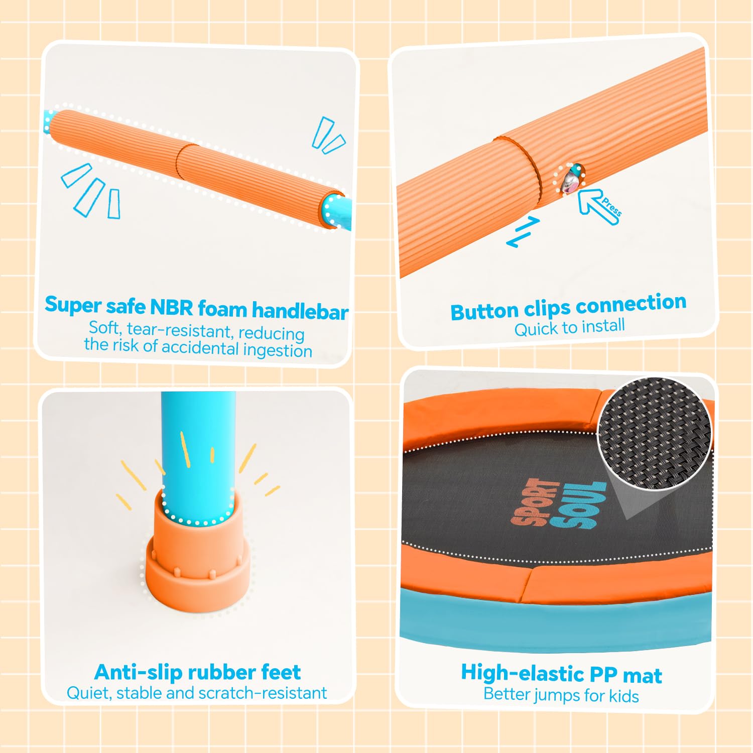 SPORTSOUL Mini Trampoline for Kids 3-6 with Super Safe Foam Handle Bar