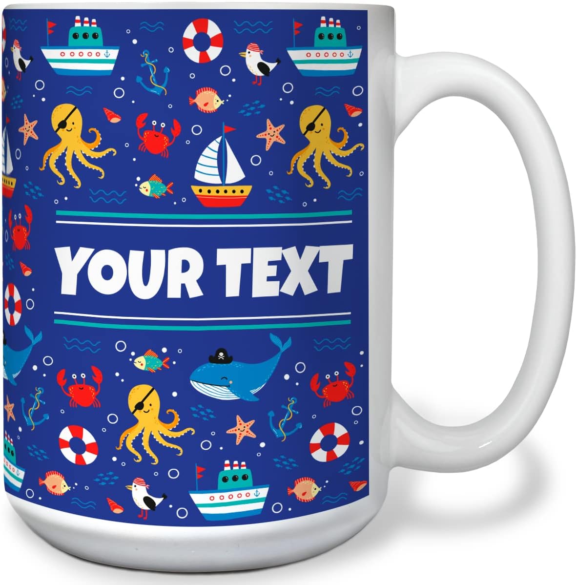 Personalized Mug for Kids - Nautical - Custom Name/Text, Ceramic Hot Chocolate/Cocoa/Coffee Cup for
