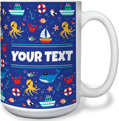 Personalized Mug for Kids - Nautical - Custom Name/Text, Ceramic Hot Chocolate/Cocoa/Coffee Cup for