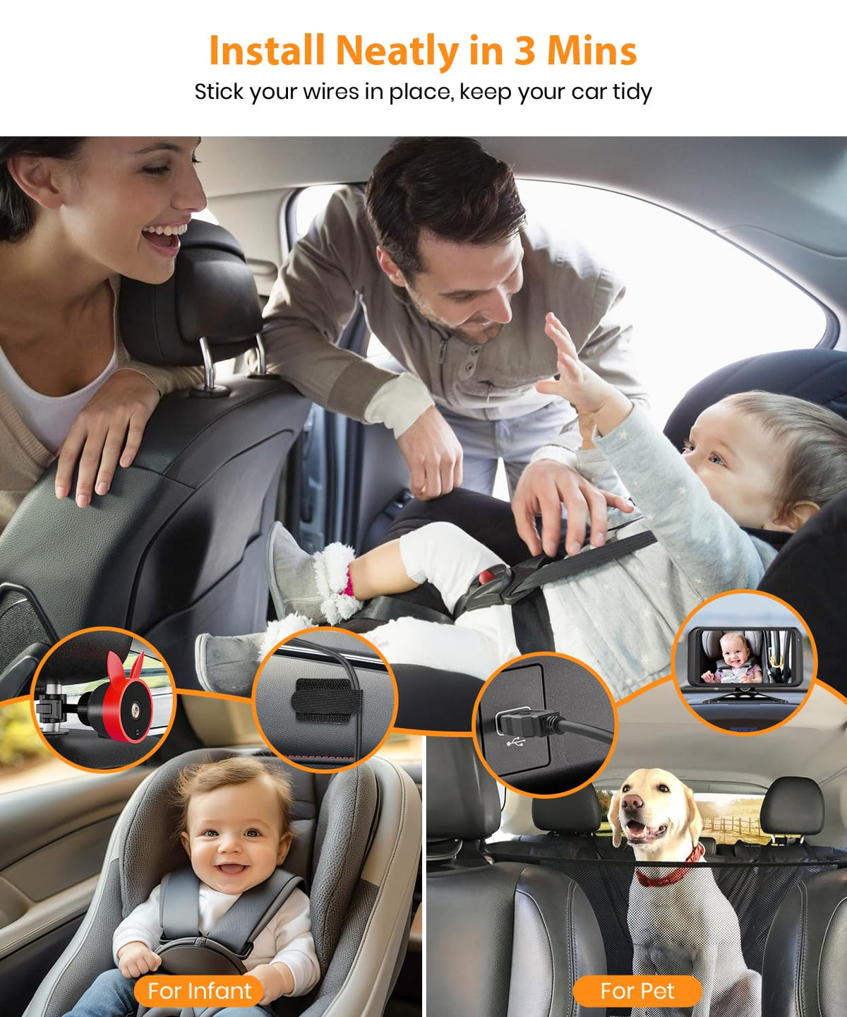 BV2 Baby Car Camera, 4.5'' HD 1080P USB Rear-Facing Mirror, IR Night Vision, 360° Adjustable, Plug