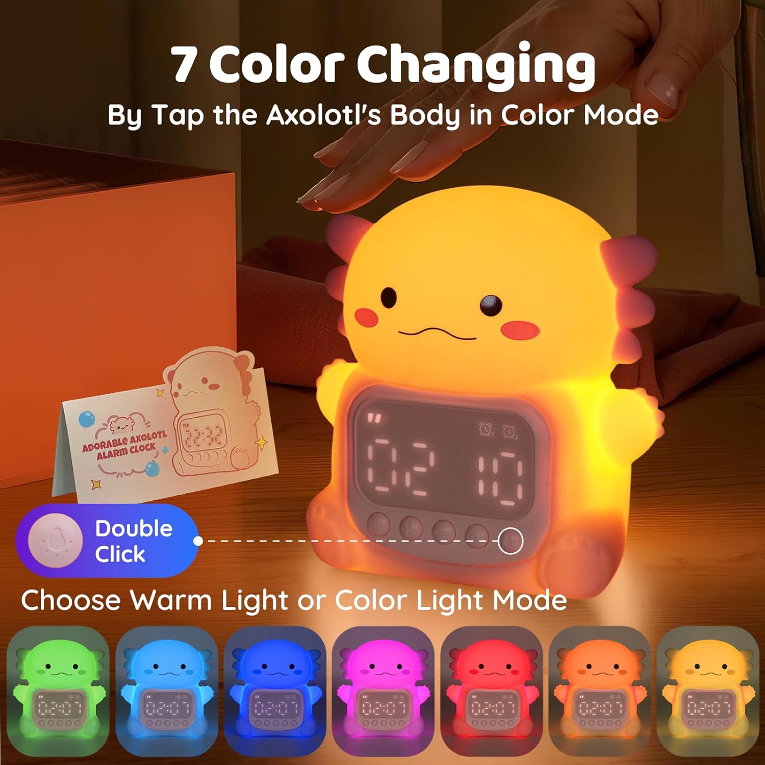 Axolotl Alarm Clock with Night Light for Kids, Rechargeable Silicone Lamp Time to Wake Clock，Cute