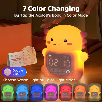 Axolotl Alarm Clock with Night Light for Kids, Rechargeable Silicone Lamp Time to Wake Clock，Cute