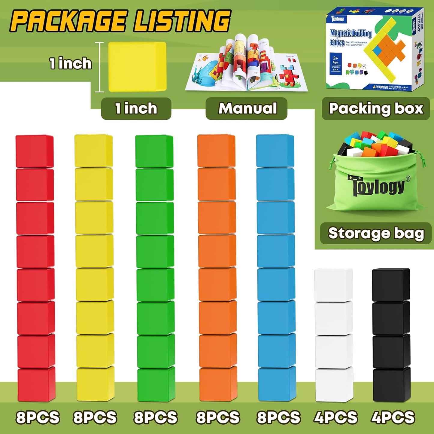 48PCS Magnetic Blocks for Toddlers Toys, Large Magnetic Cube Toy for Sensory STEM Education