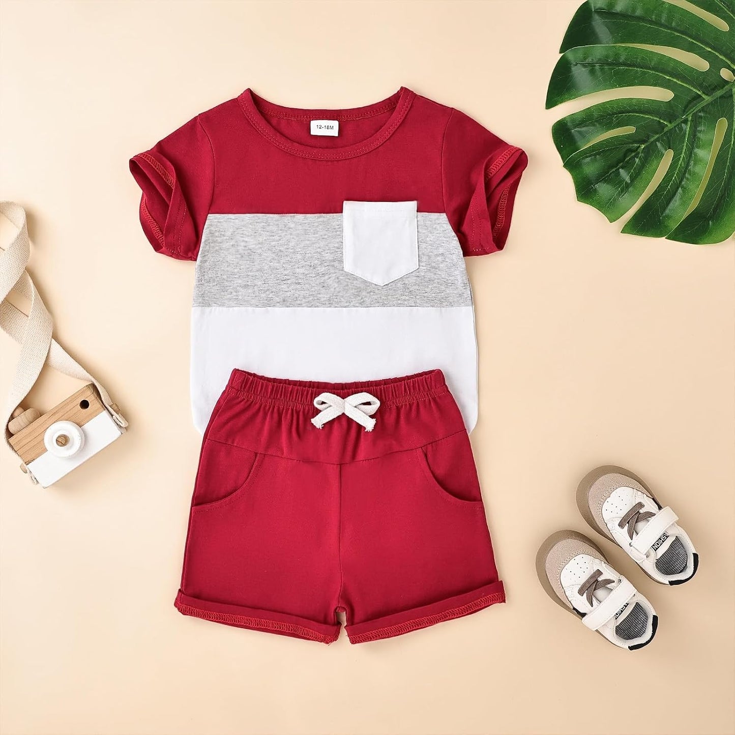 Baby Boy Clothes Toddler Boy Summer Outfits Short Sleeve Patchwork Top T-shirt & Pocket Pant Set 2