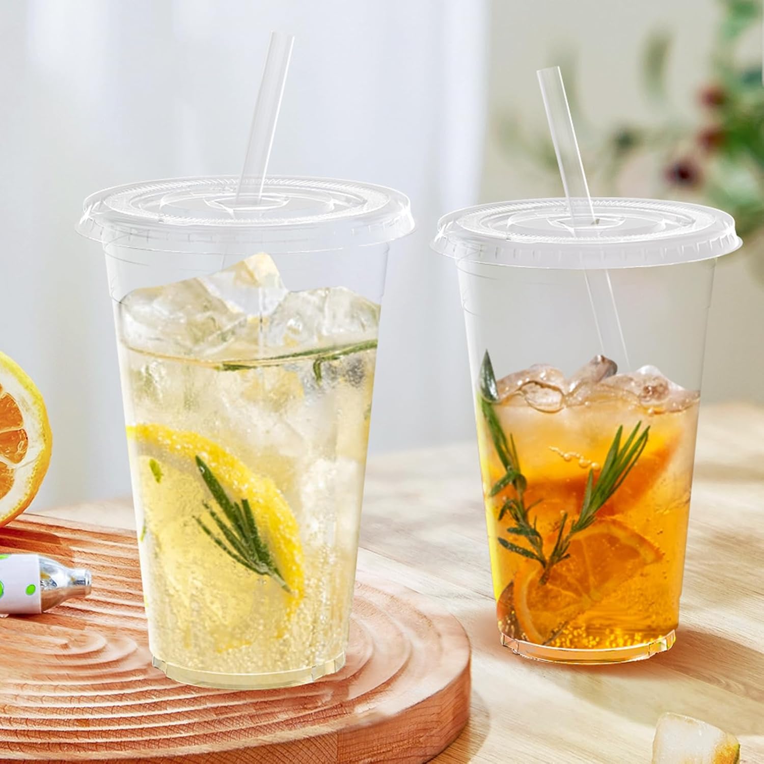 100 Pack - 24 oz Clear Plastic Cups with Lids and Straws, Sturdy & Food Safe Iced Coffee Cups with