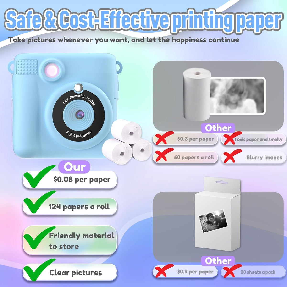 Kids Camera Instant Print, Christmas Birthday Gifts for Kids Age 3-12, Selfie Digital Camera with