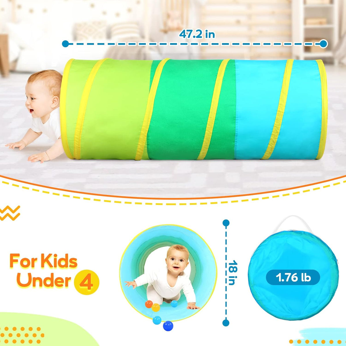 Moncoland Kids Play Tunnel Tent for Toddlers, Colorful Cotton Pop Up Crawl Tunnel Toy for Baby